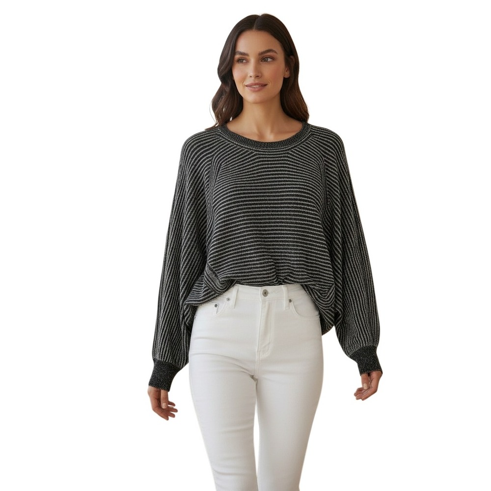 BP Black Gray Striped Dolman Sweater Batwing Sleeve‎ 100% Cotton Womens S Fits M